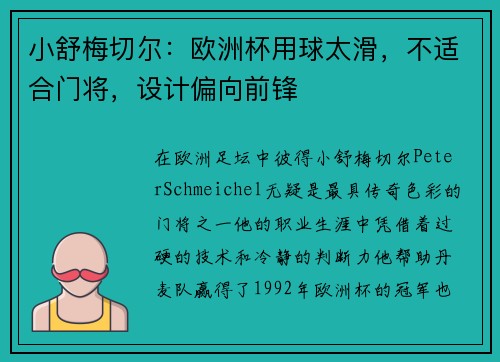 小舒梅切尔：欧洲杯用球太滑，不适合门将，设计偏向前锋