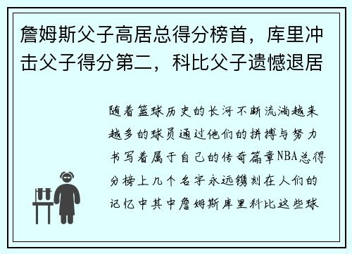 詹姆斯父子高居总得分榜首，库里冲击父子得分第二，科比父子遗憾退居第三